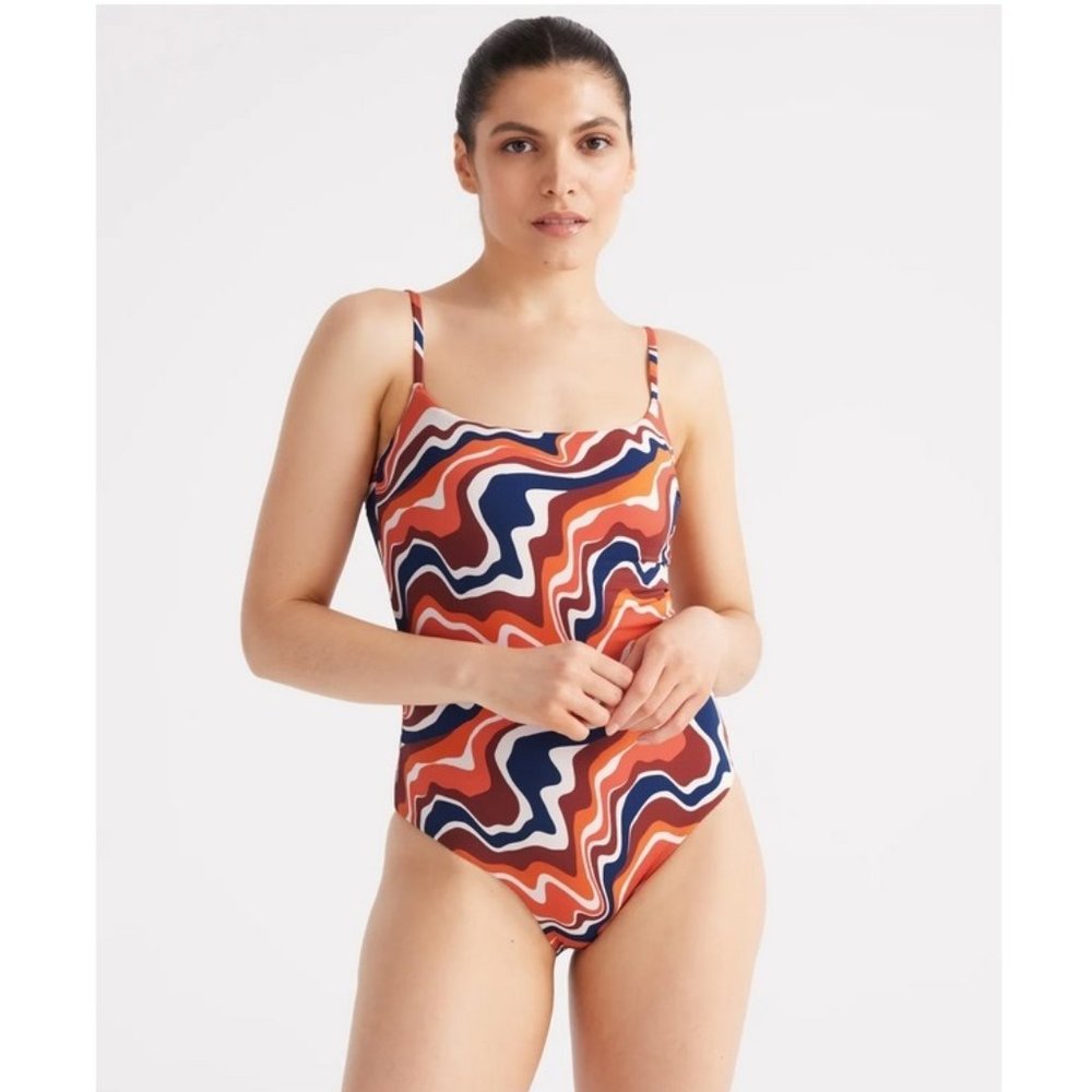 NWT Knix Womens Size XL Swimsuit+Sarong Bathing Suit Swimwear Swirl Orange Blue - Picture 3 of 16